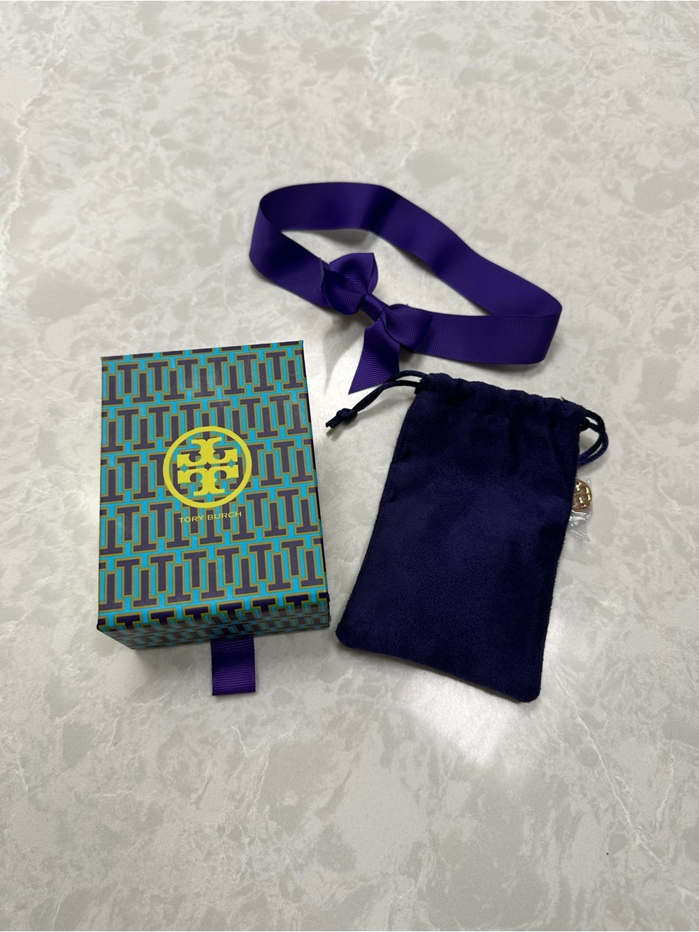 Tory Burch Purple Ribbon, Navy Velvet Pouch & Patterned Gift Box